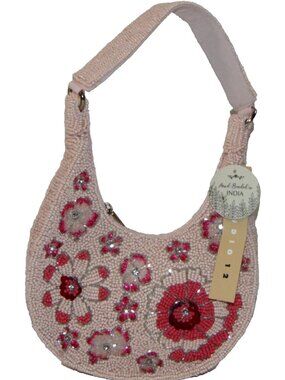 Viral Beaded Bag by Studio 12 Pink Floral Sequin Crescent Hobo NWT